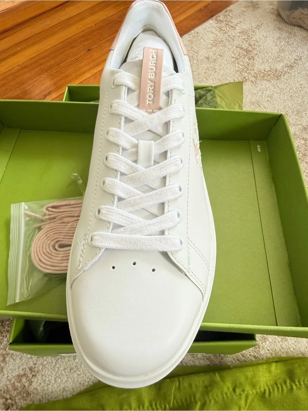 Tory Burch White Leather Sneakers with Pale Pink Trim